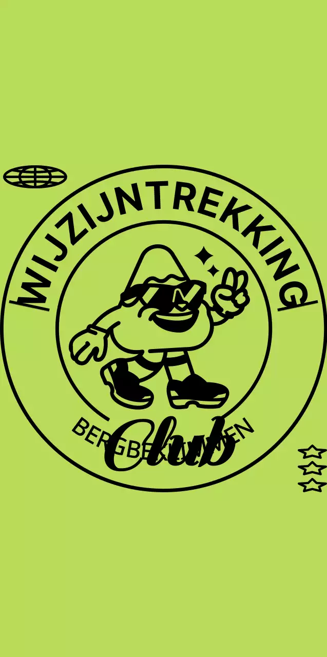 Een eenvoudig, hip bergfiguur in chartreuse en zwart met een emblematische logostijl voor promotie- en promotiedoeleinden.