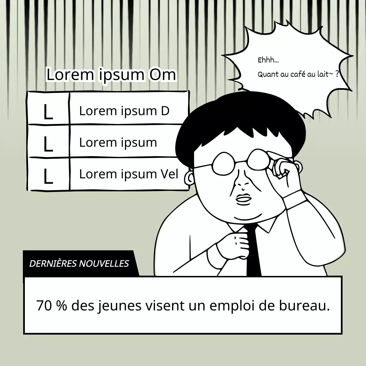 Concept de bande dessinée en noir et blanc, neutre, écrit à la main, avec l'empathie d'un employé de bureau