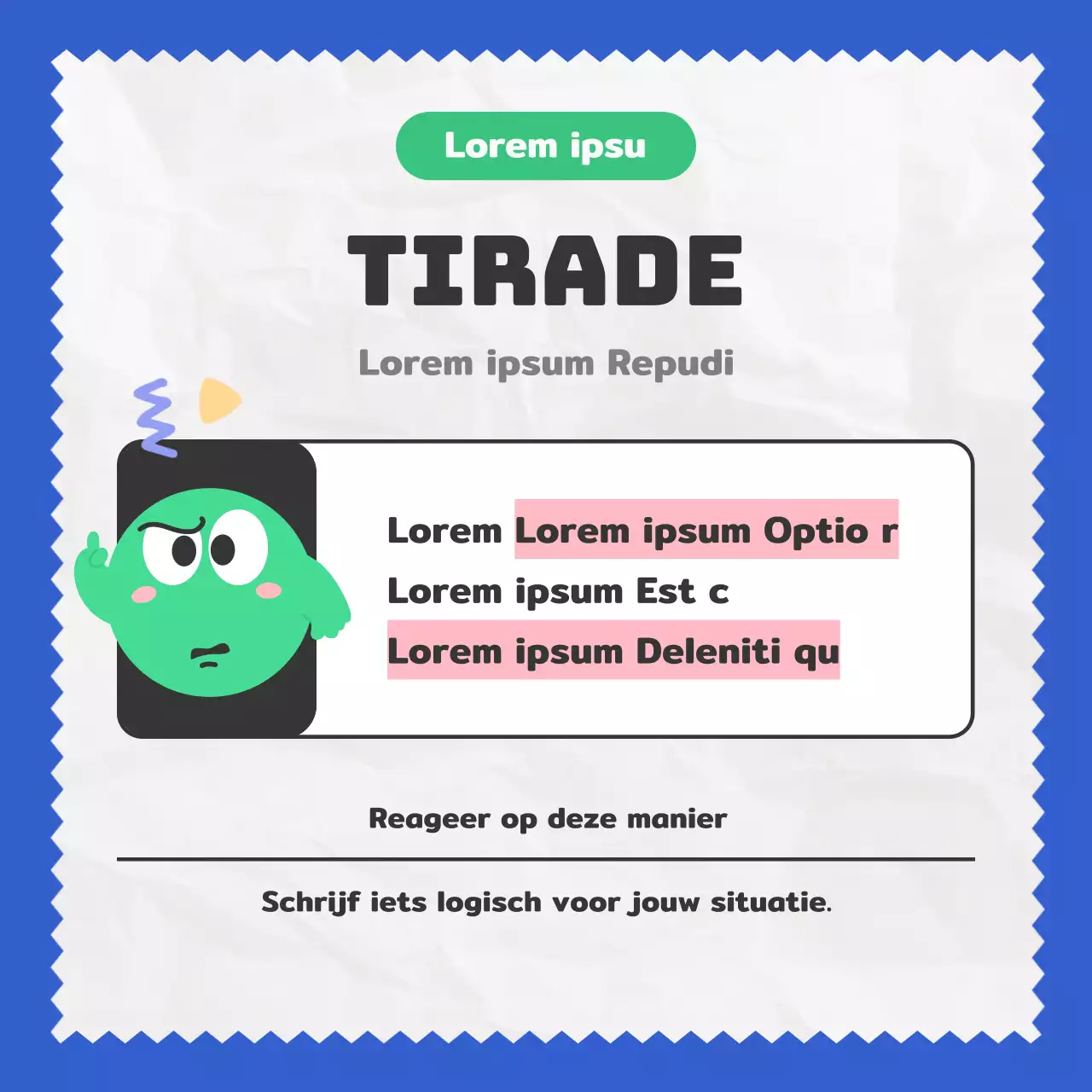 Een kitscherige blauwgroene illustratie introduceert het echte collega-type