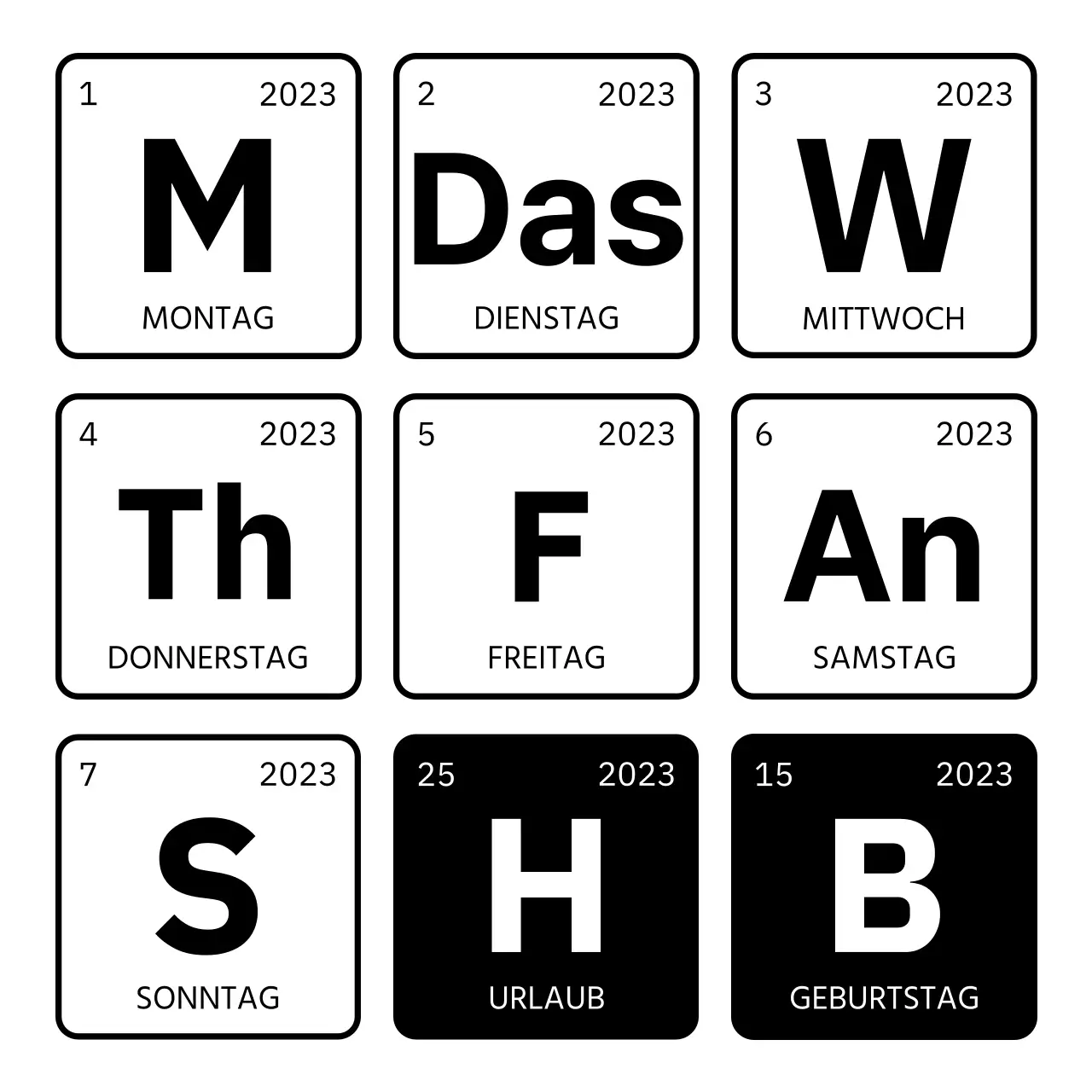 Datums- und Tagesdesign mit einem schwarz-weißen Periodensystemkonzept