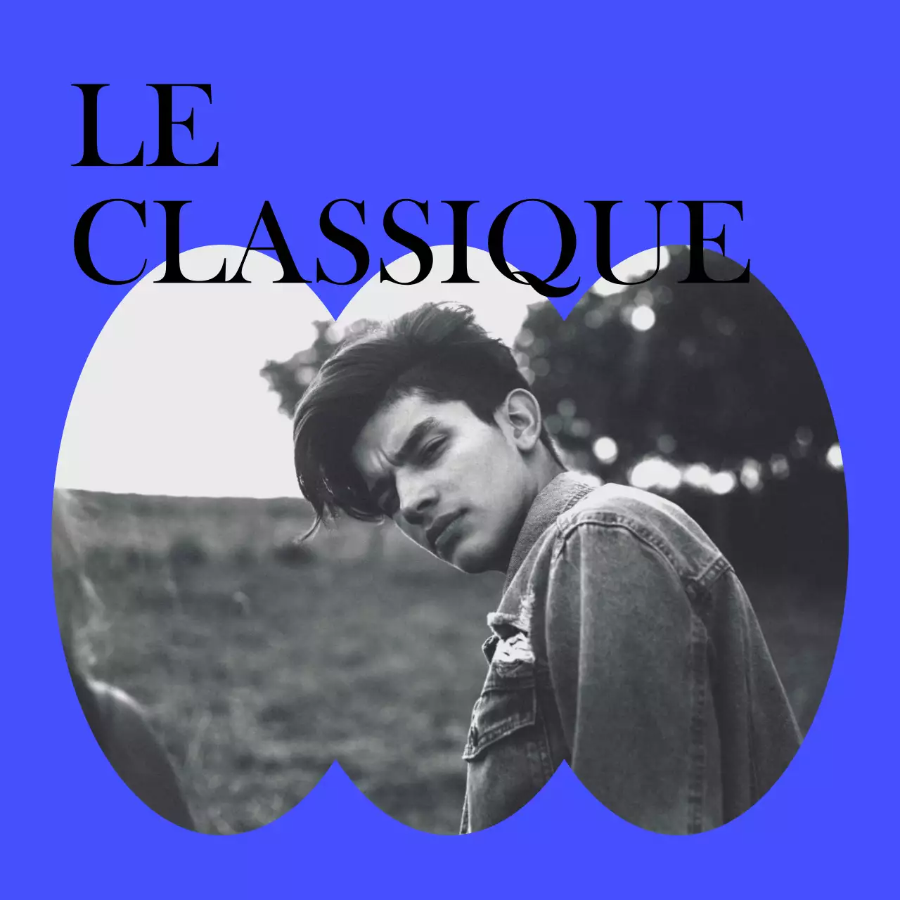 Marchandises sentimentales avec des cadres de différentes formes en bleu, vert et noir, et des photos en noir et blanc