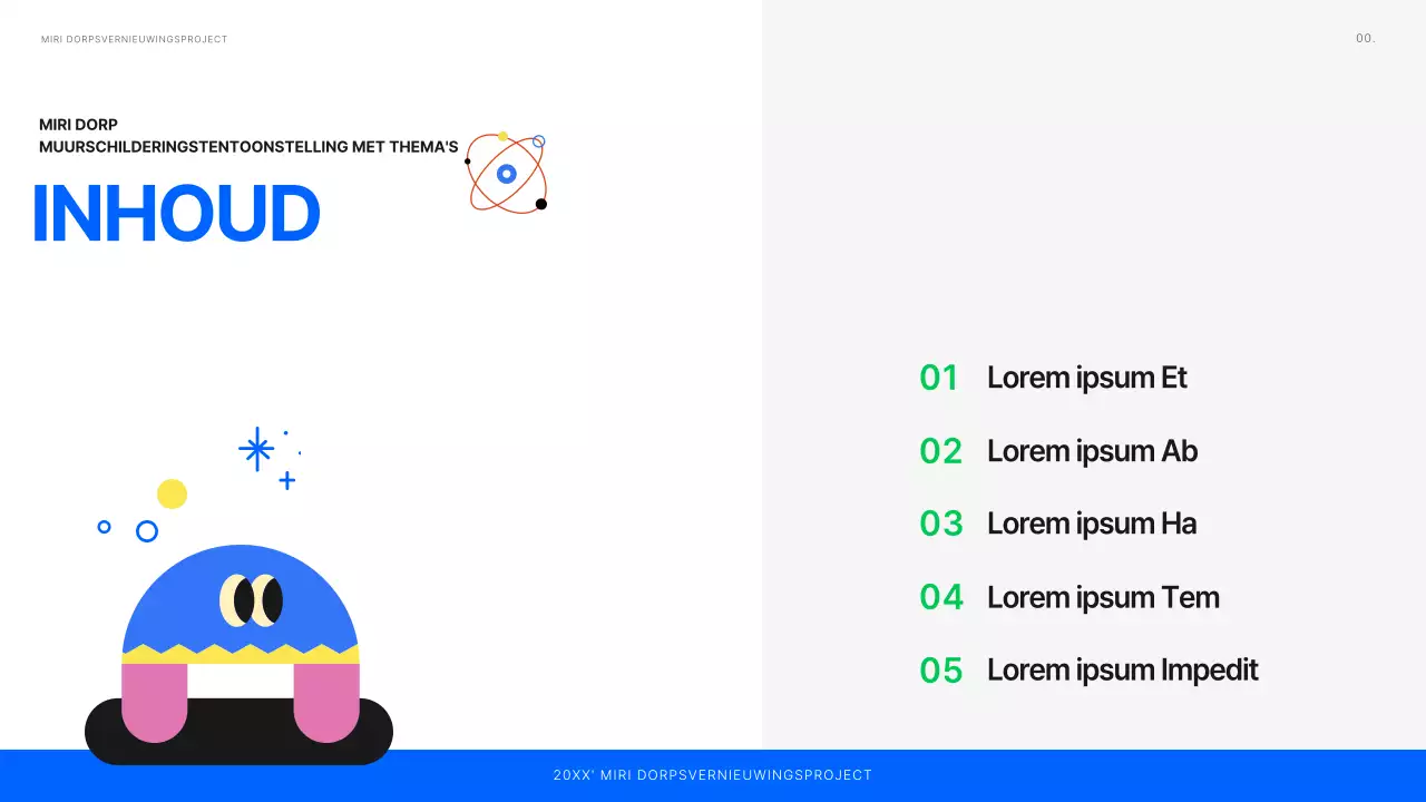 Planning van een tentoonstelling van schoon geïllustreerde muurschilderingen in wit, blauw en groen