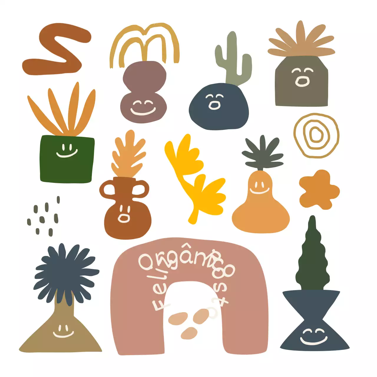Personagens e formas orgânicas minimalistas em vasos com diferentes expressões em cores suaves