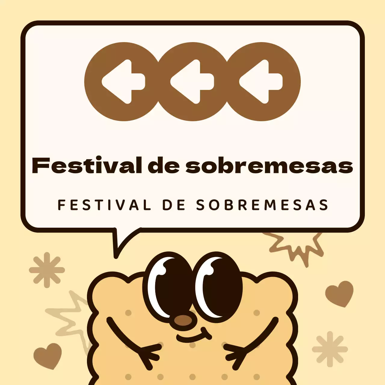 Esquema de cores castanho e rosa Personagens de bolachas giras e balões de fala estilo de ilustração Direcções para o festival de sobremesas