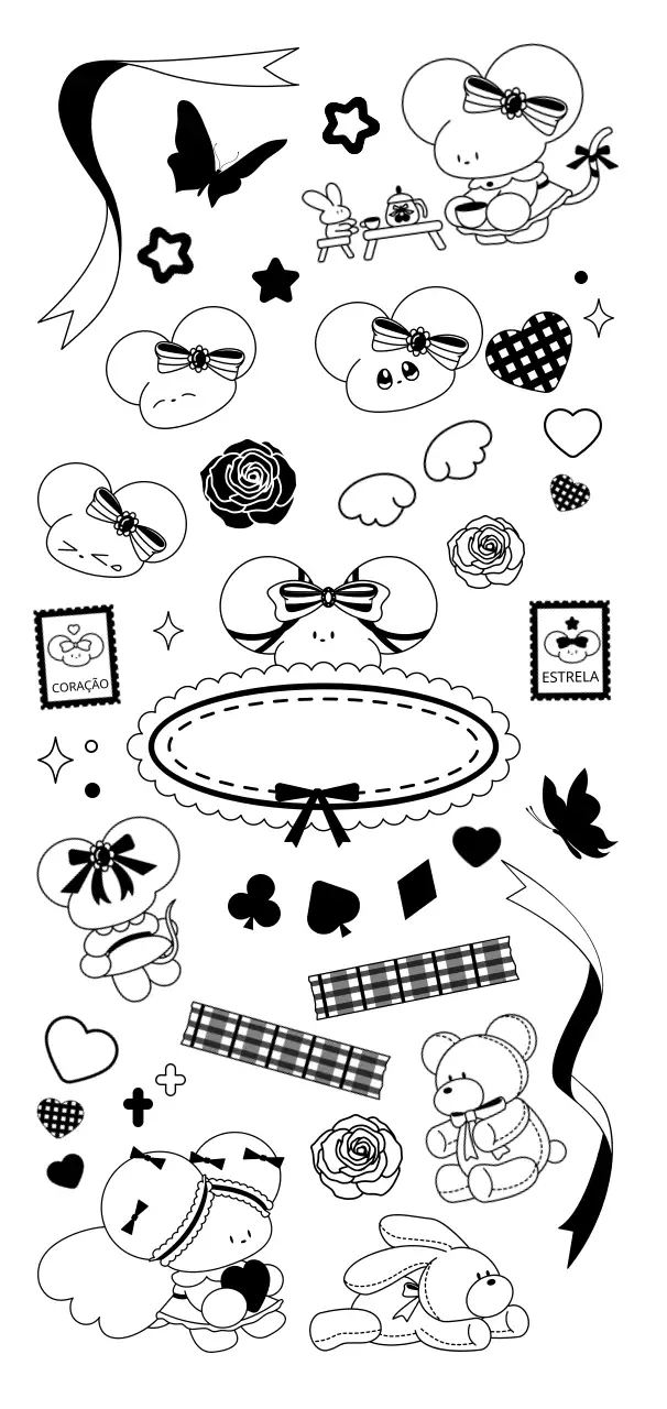 Personagens e decorações de ratos bonitos e fofinhos a preto e branco