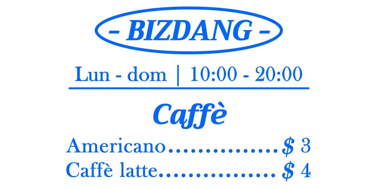 Stile di layout semplice e pulito, allineato al testo, in blu e bianco, per la lavagna del menu di un bar per informazioni e promozione.