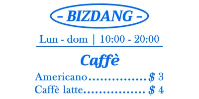Stile di layout semplice e pulito, allineato al testo, in blu e bianco, per la lavagna del menu di un bar per informazioni e promozione.
