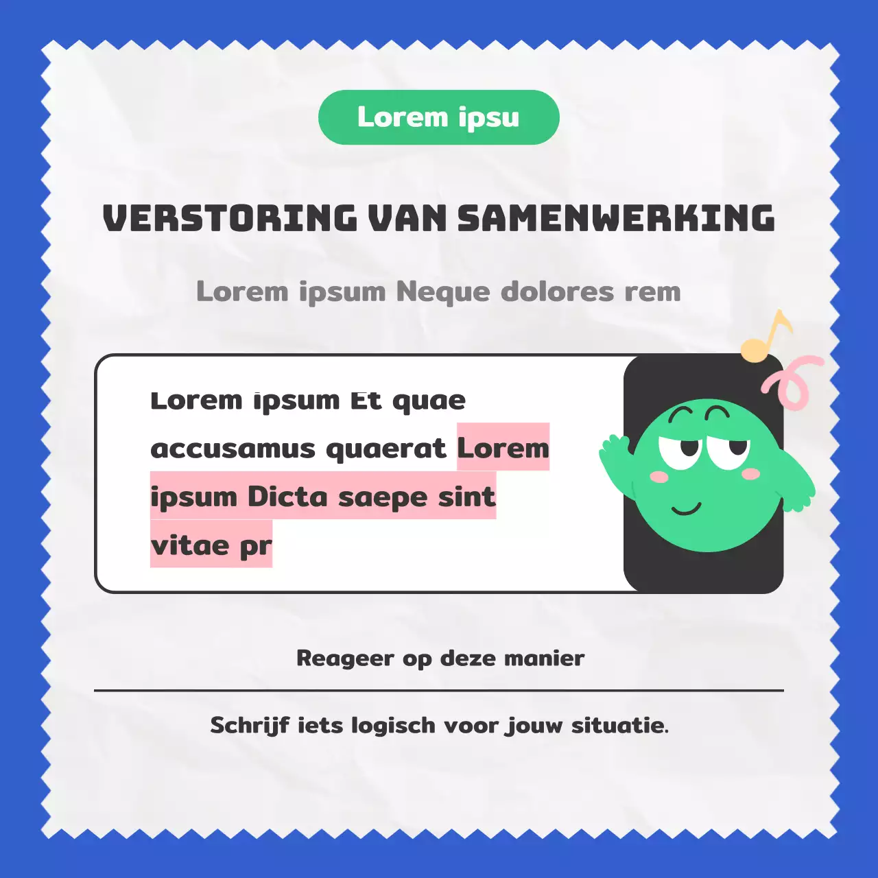 Een kitscherige blauwgroene illustratie introduceert het echte collega-type