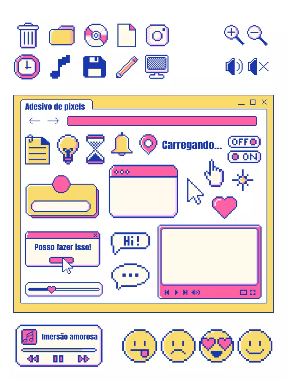 Elementos de estilo de ecrã de computador com pixéis amarelos e cor-de-rosa