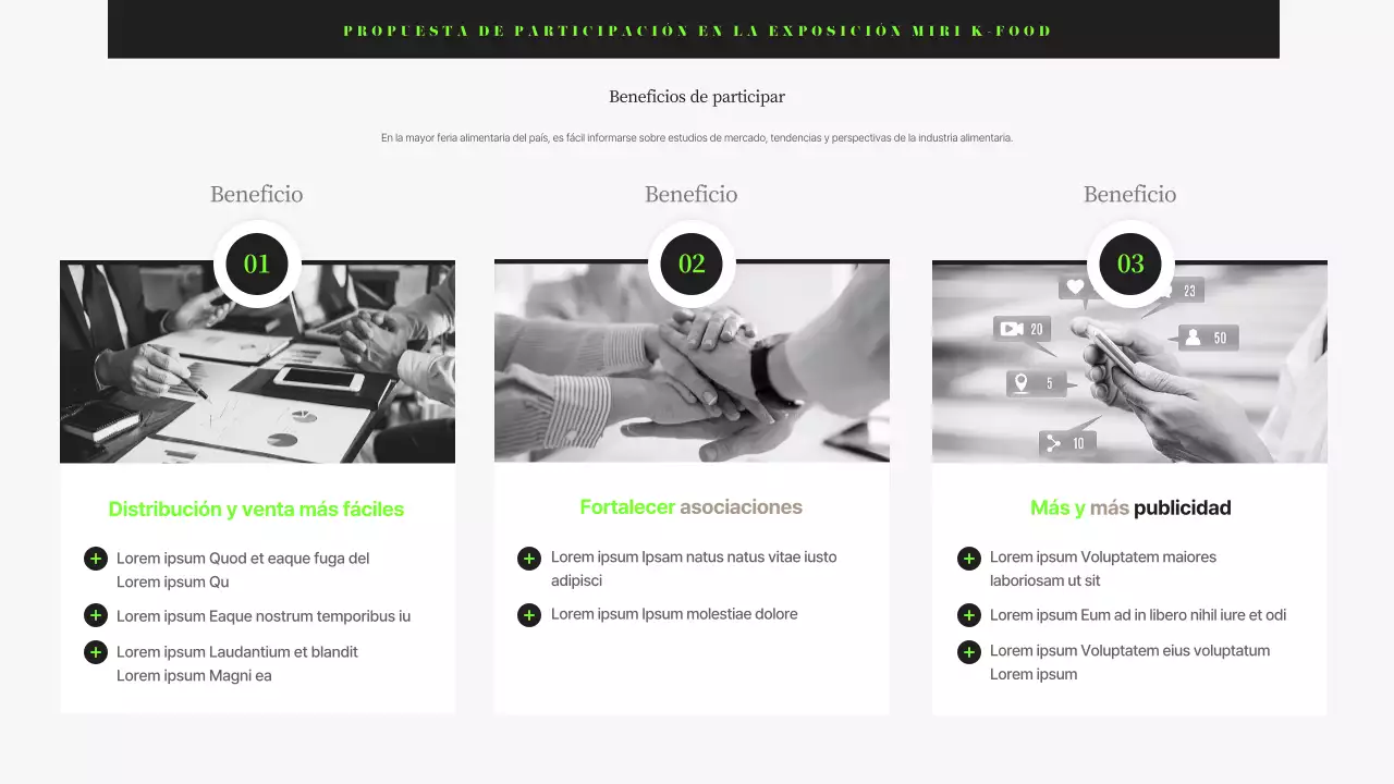 Propuesta corporativa de feria de alimentación moderna en negro y chartreuse