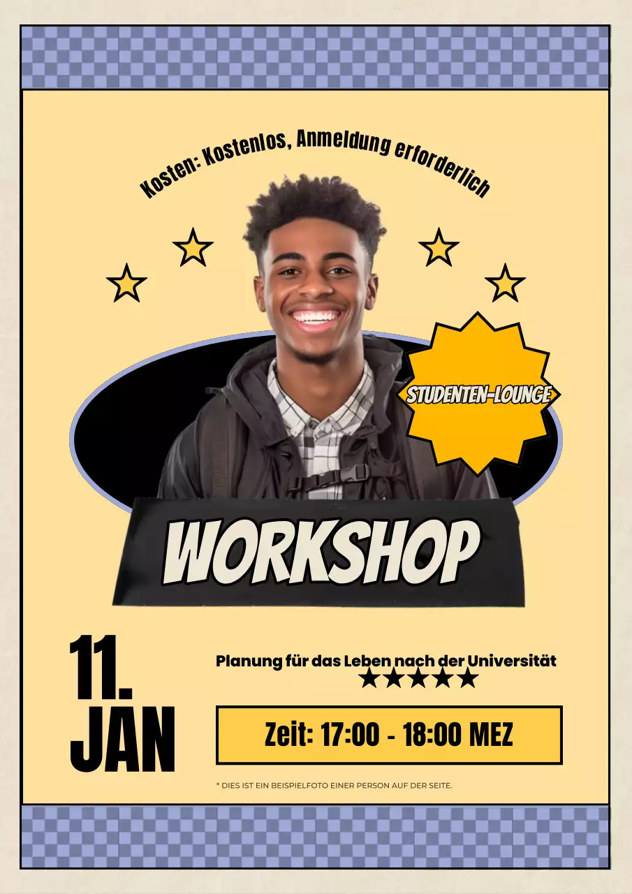 Gelbe Retro-Uni Workshop-Ankündigung