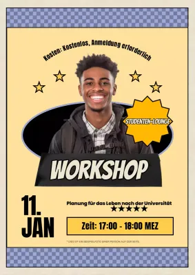 Gelbe Retro-Uni Workshop-Ankündigung