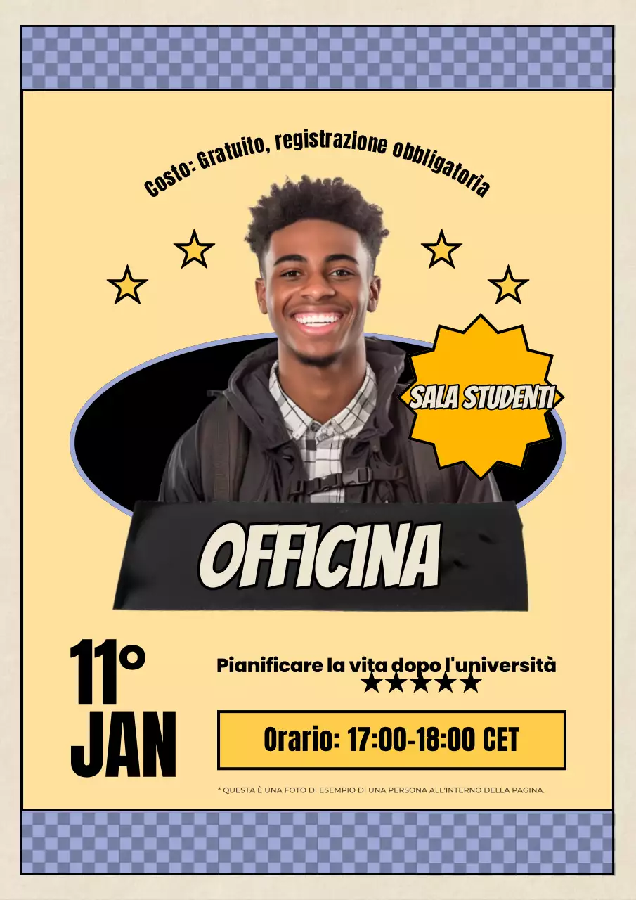 annuncio di workshop dell'università giallo-retro