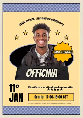 annuncio di workshop dell'università giallo-retro
