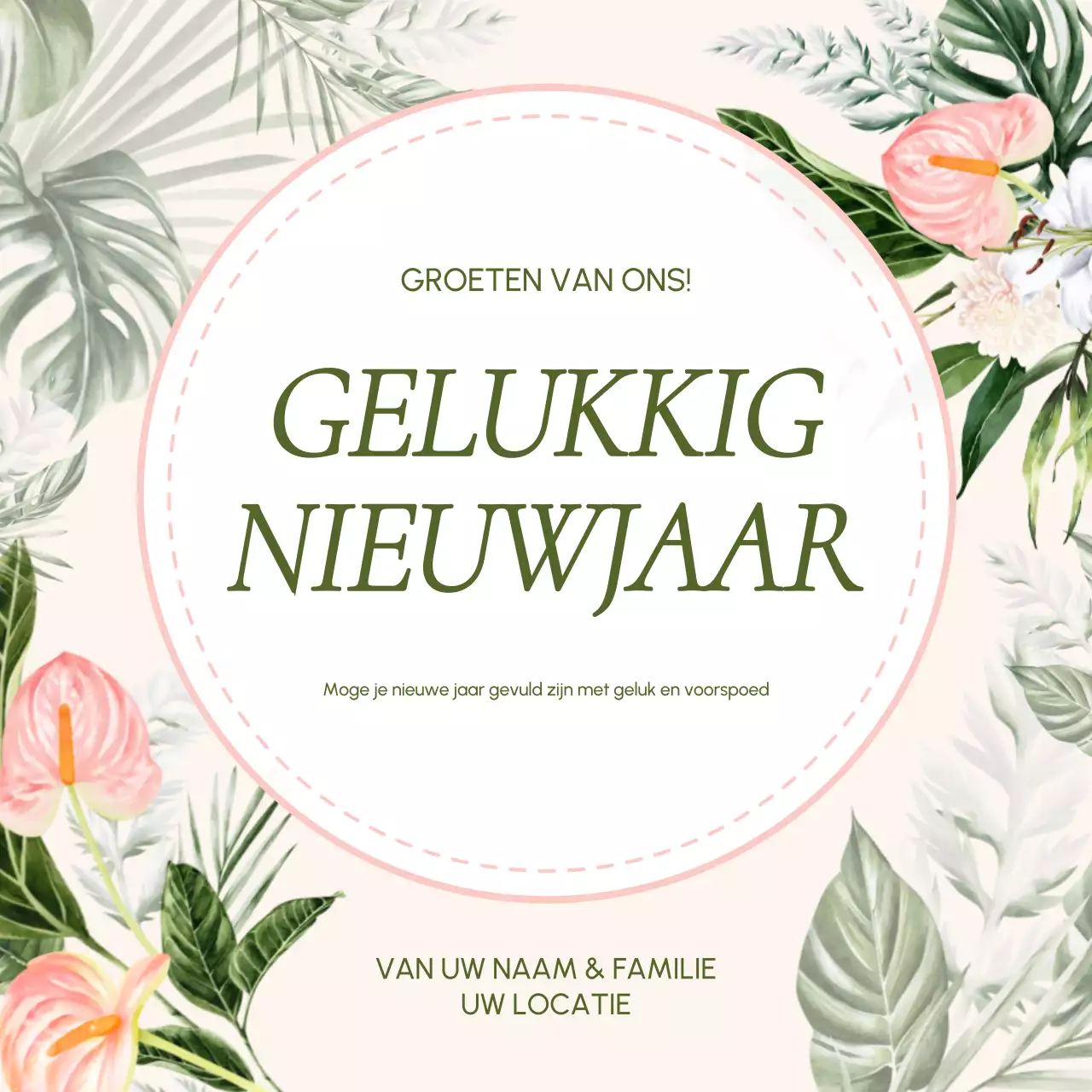 Gelukkig Nieuwjaar Groeten voor Social Media Post in Zachte Pastelkleuren en Organische Stijl