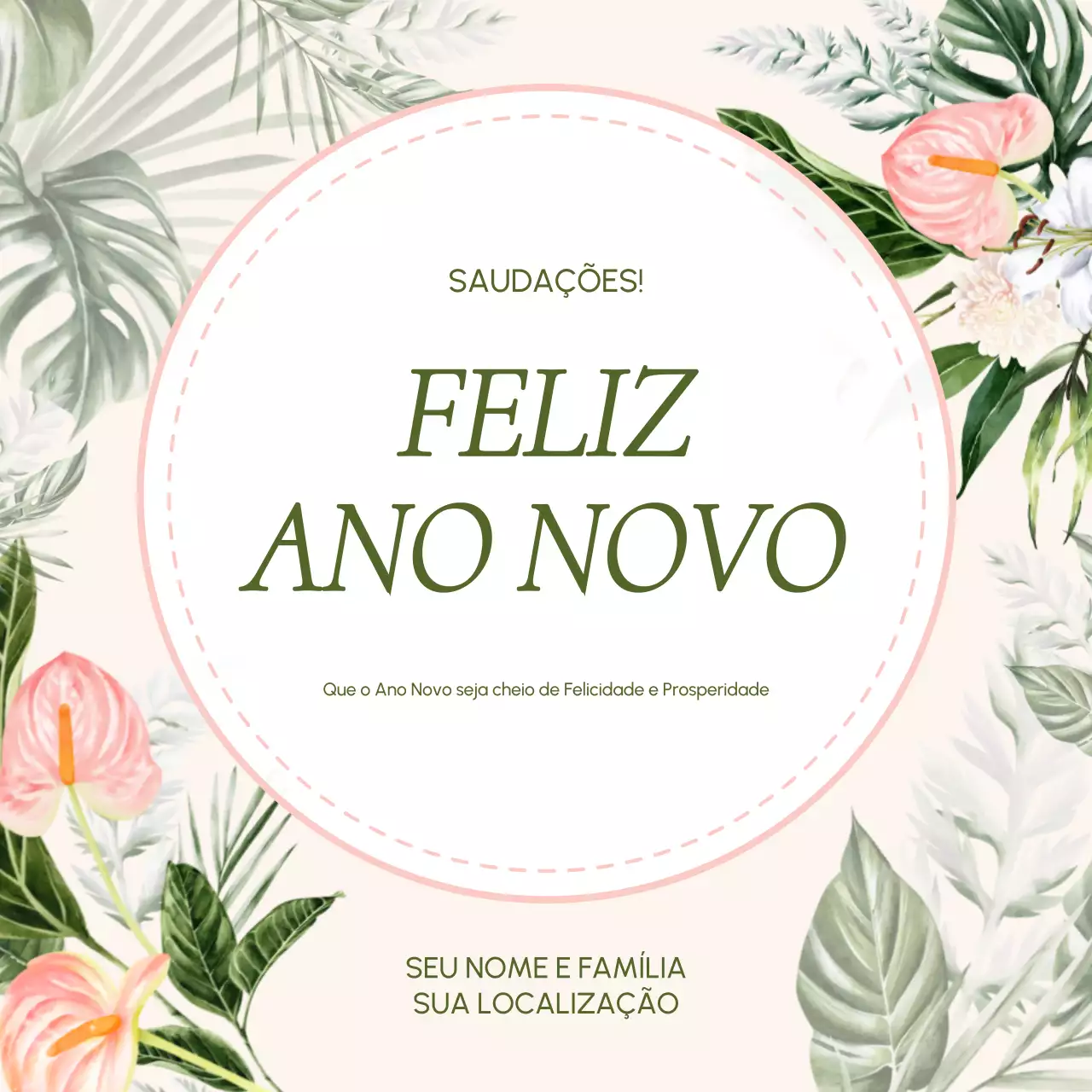 Saudações de Feliz Ano Novo para publicação nas redes sociais em cores pastel suaves e estilo orgânico