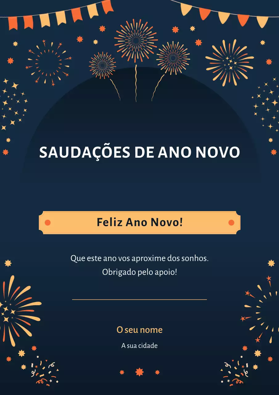 Saudações festivas de Ano Novo em azul-marinho e amarelo