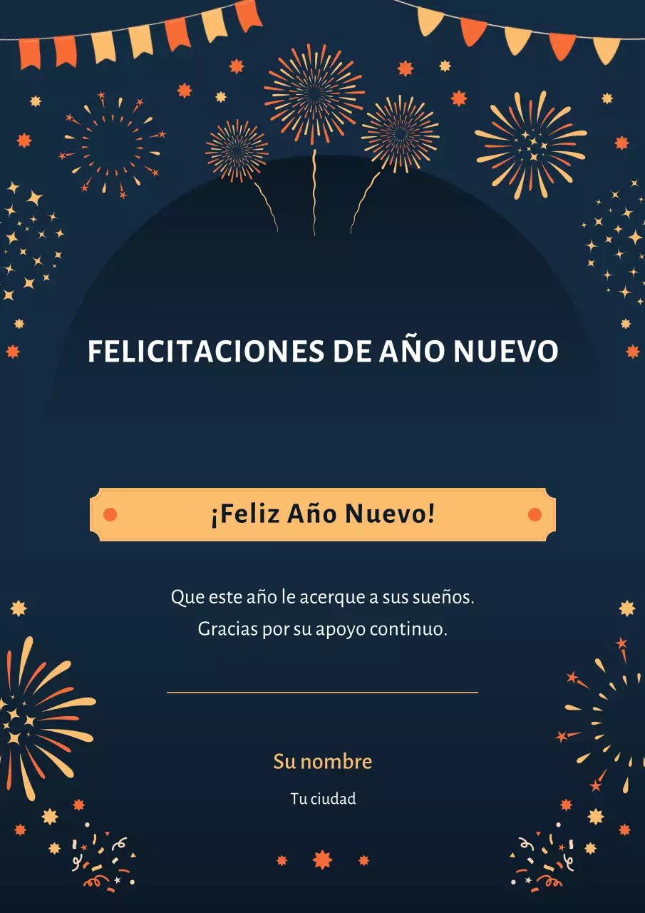 Felicitación de Año Nuevo azul marino y amarillo