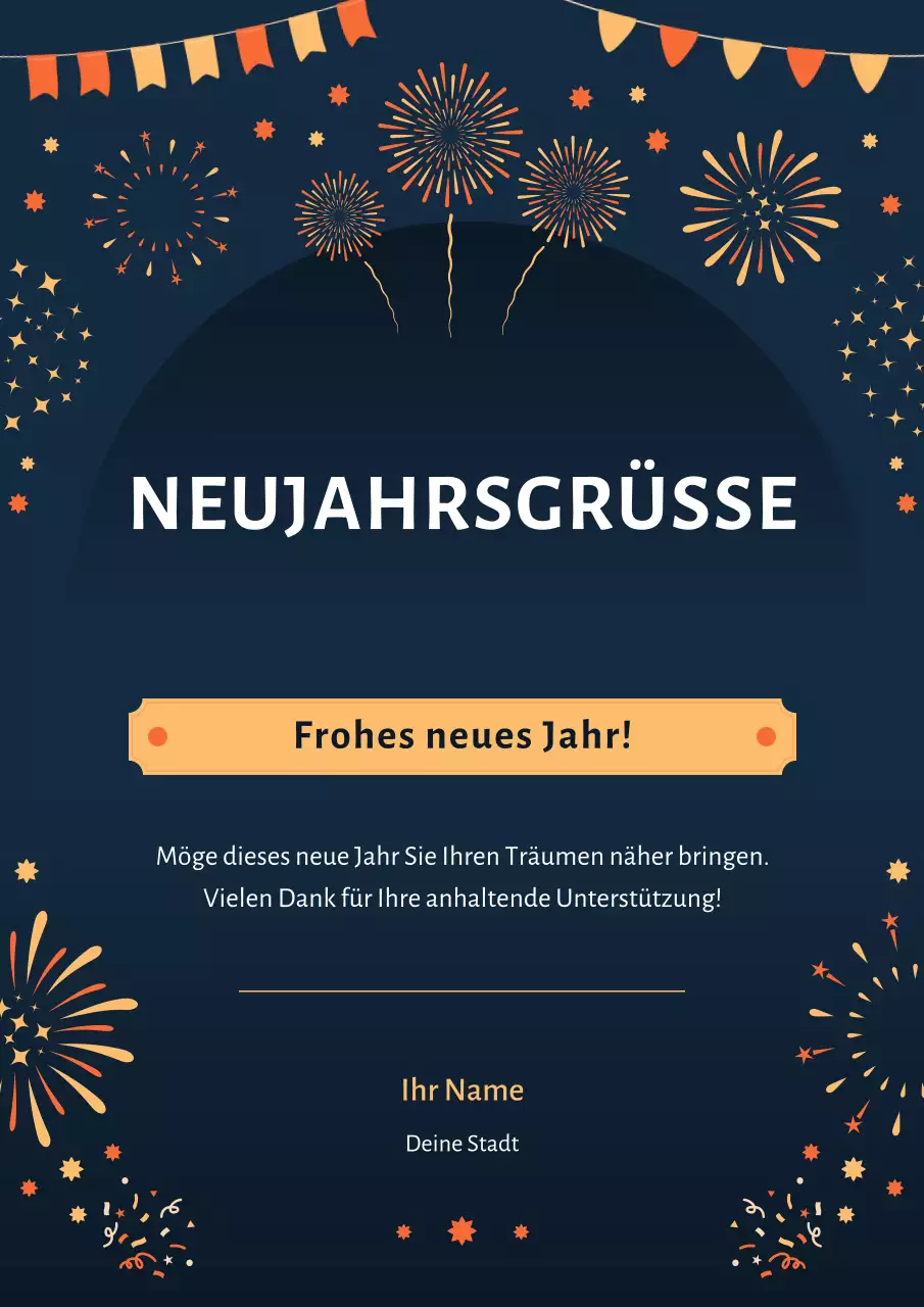 Festliche Neujahrsgrüße in Marineblau und Gelb