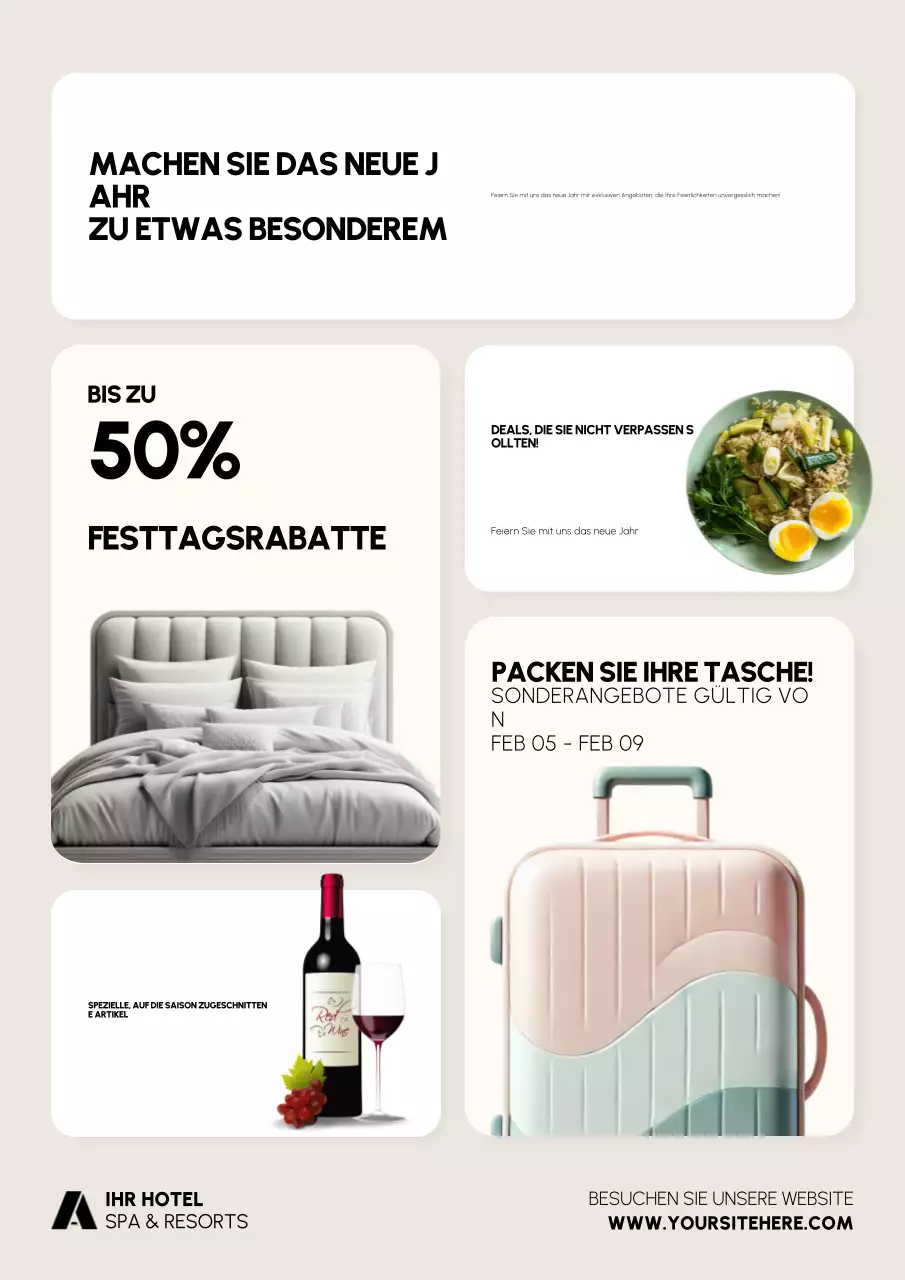 Neujahrs-Promotion-Poster für Hotels und Resorts im skandinavischen Bento-Grid-Stil