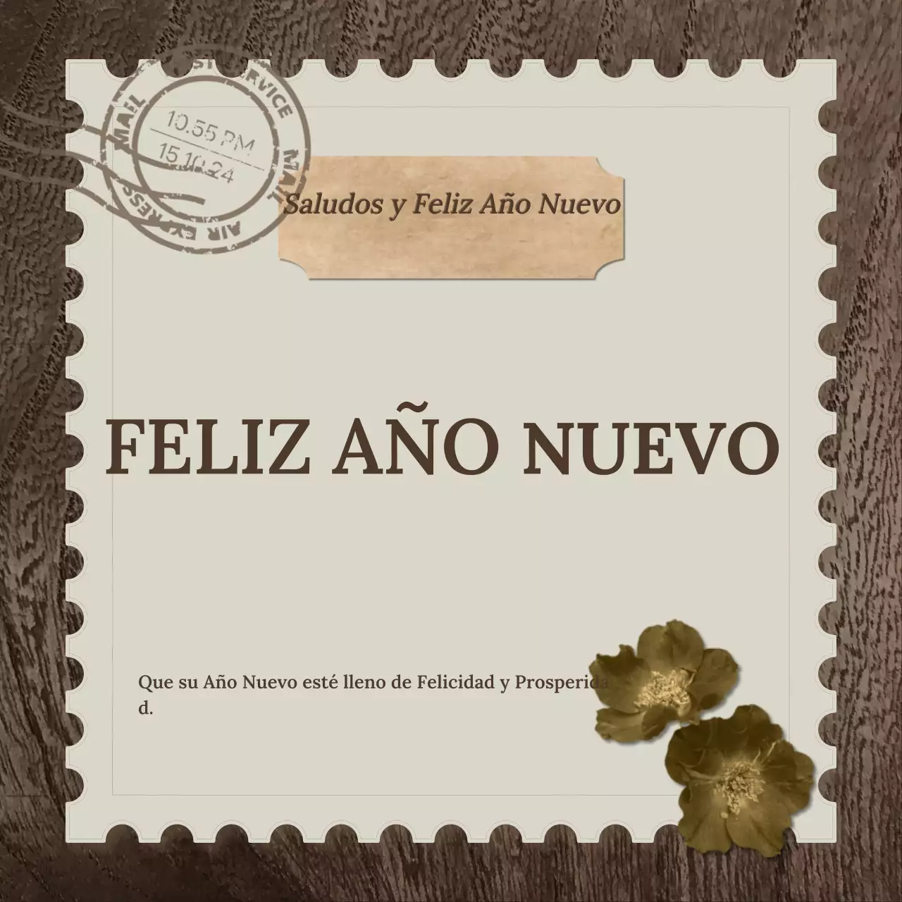 postal vintage marrón oscuro y verde para felicitar el Año Nuevo