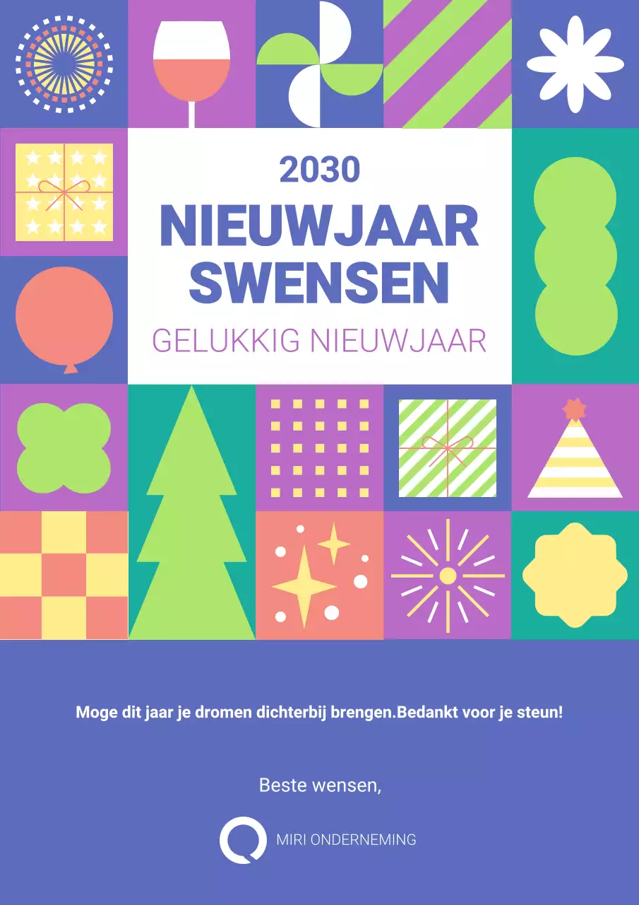 Kleurrijke Gelukkig Nieuwjaar Groeten Poster in Flat Geometrische Stijl