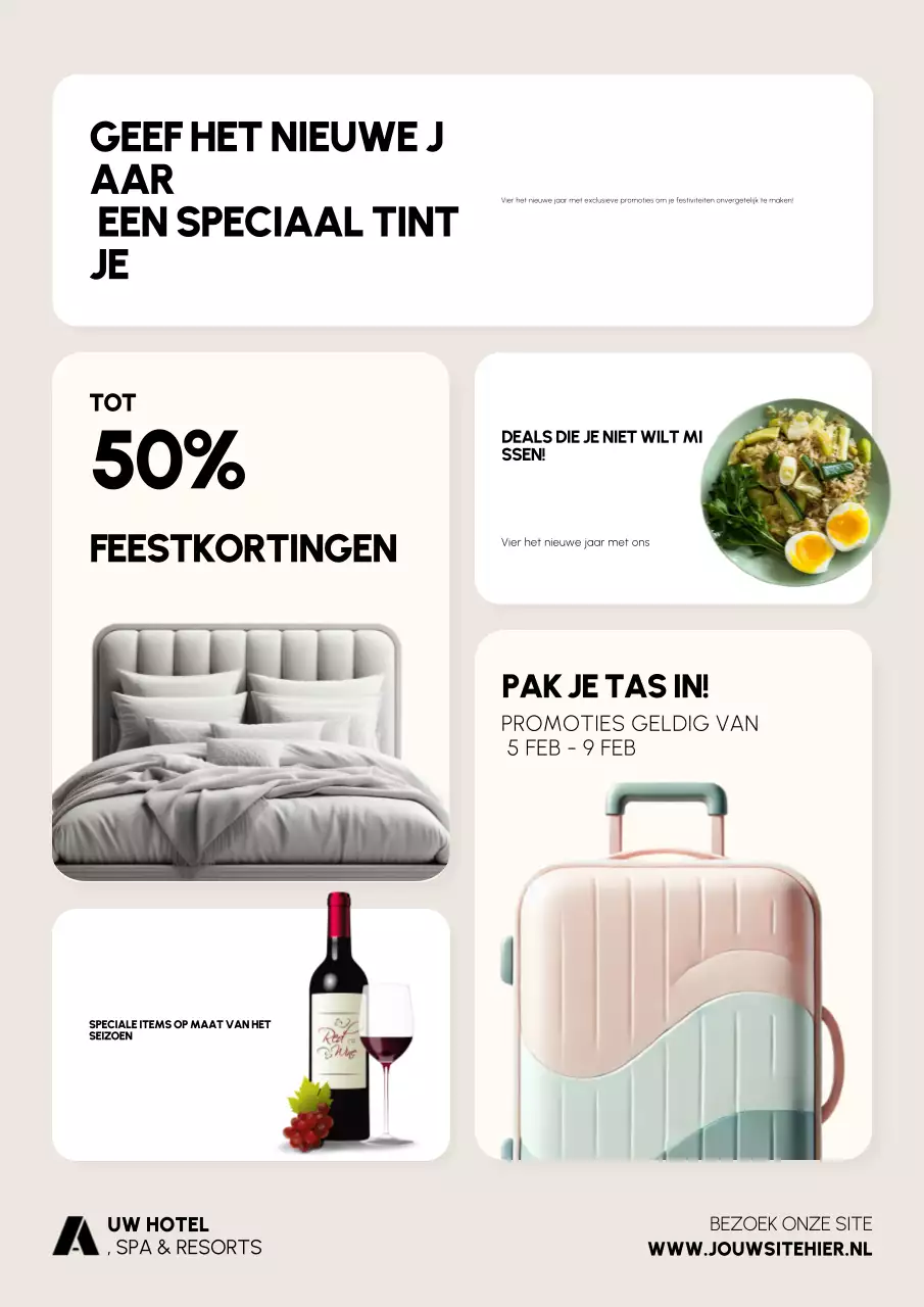 Nieuwjaarsposter voor hotels en resorts in Scandinavische Bento rasterstijl