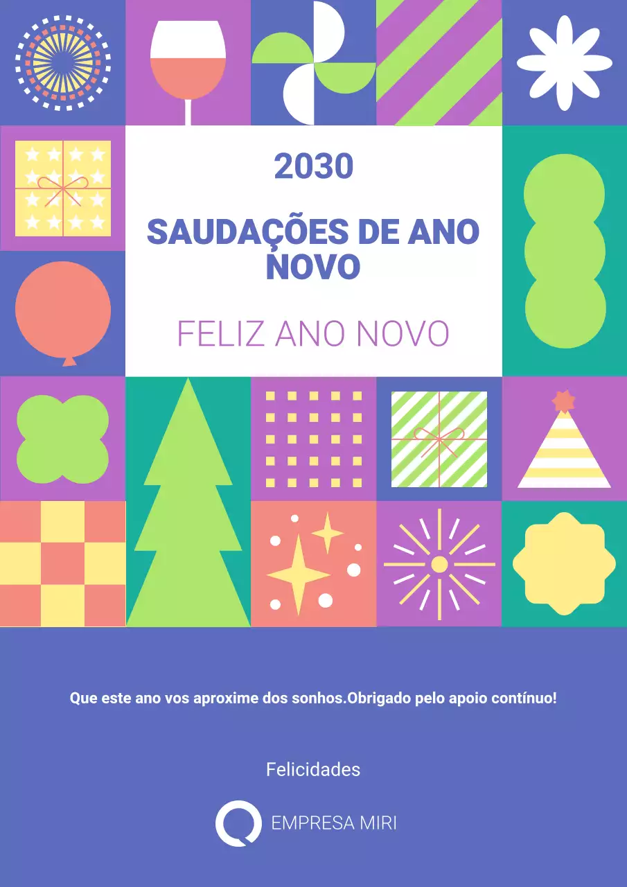 Cartaz colorido de felicitações de Feliz Ano Novo em estilo geométrico plano