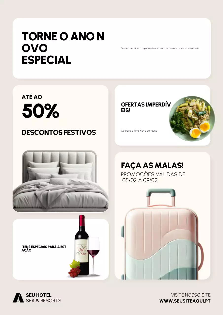 Cartaz de promoção de Ano Novo para hotéis e estâncias turísticas em estilo de grelha Bento escandinavo