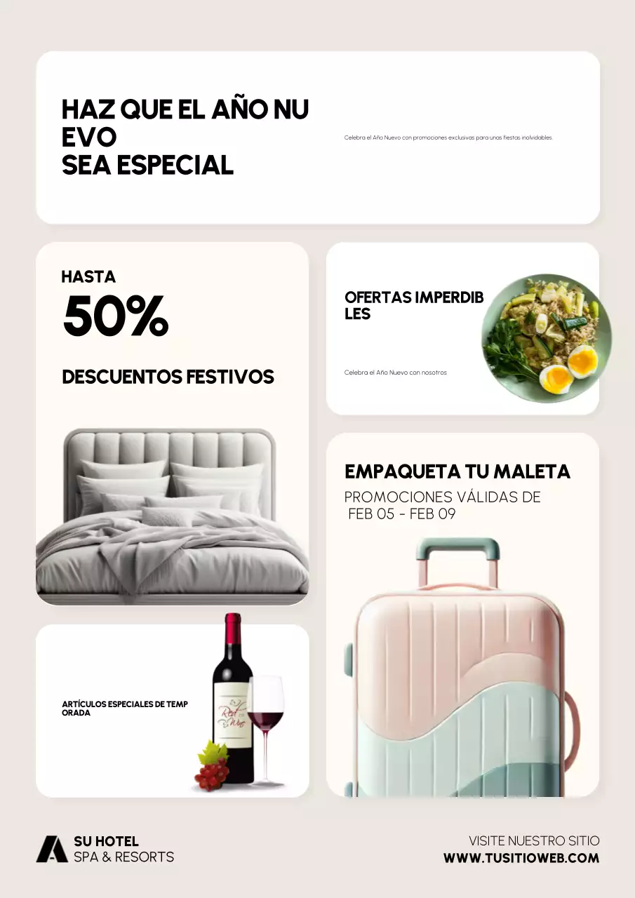 Cartel de promoción de Año Nuevo para hoteles y complejos turísticos en estilo cuadriculado Bento escandinavo