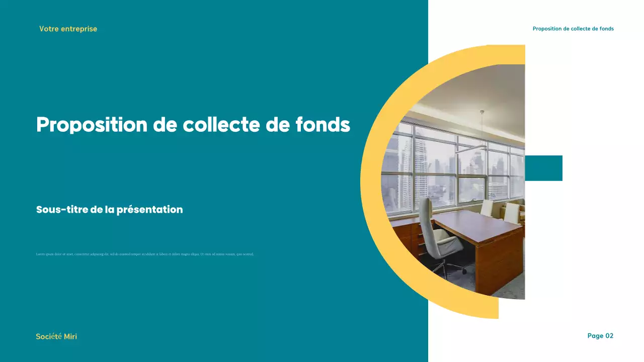Présentation d'une proposition de collecte de fonds moderne en jaune et sarcelle