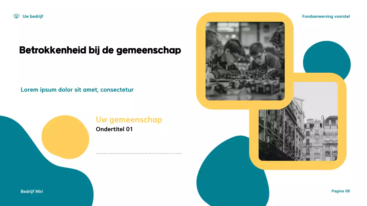 Teal and Yellow Modern Fondsenwerving Voorstel Presentatie