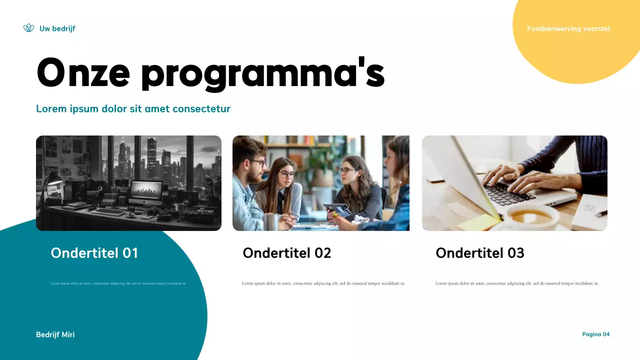 Teal and Yellow Modern Fondsenwerving Voorstel Presentatie