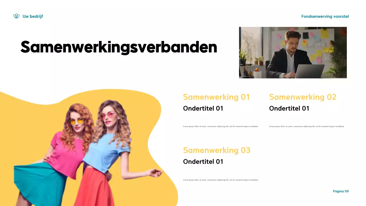 Teal and Yellow Modern Fondsenwerving Voorstel Presentatie