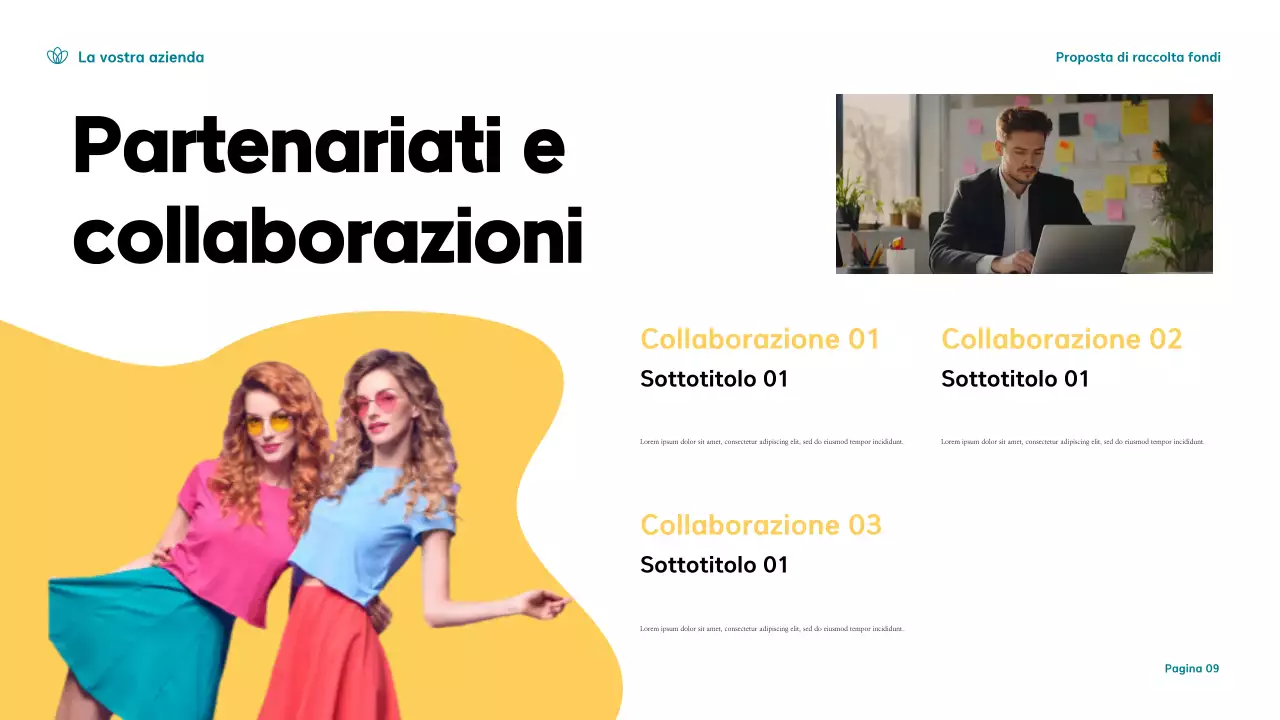 Presentazione di una moderna proposta di raccolta fondi in verde acqua e giallo