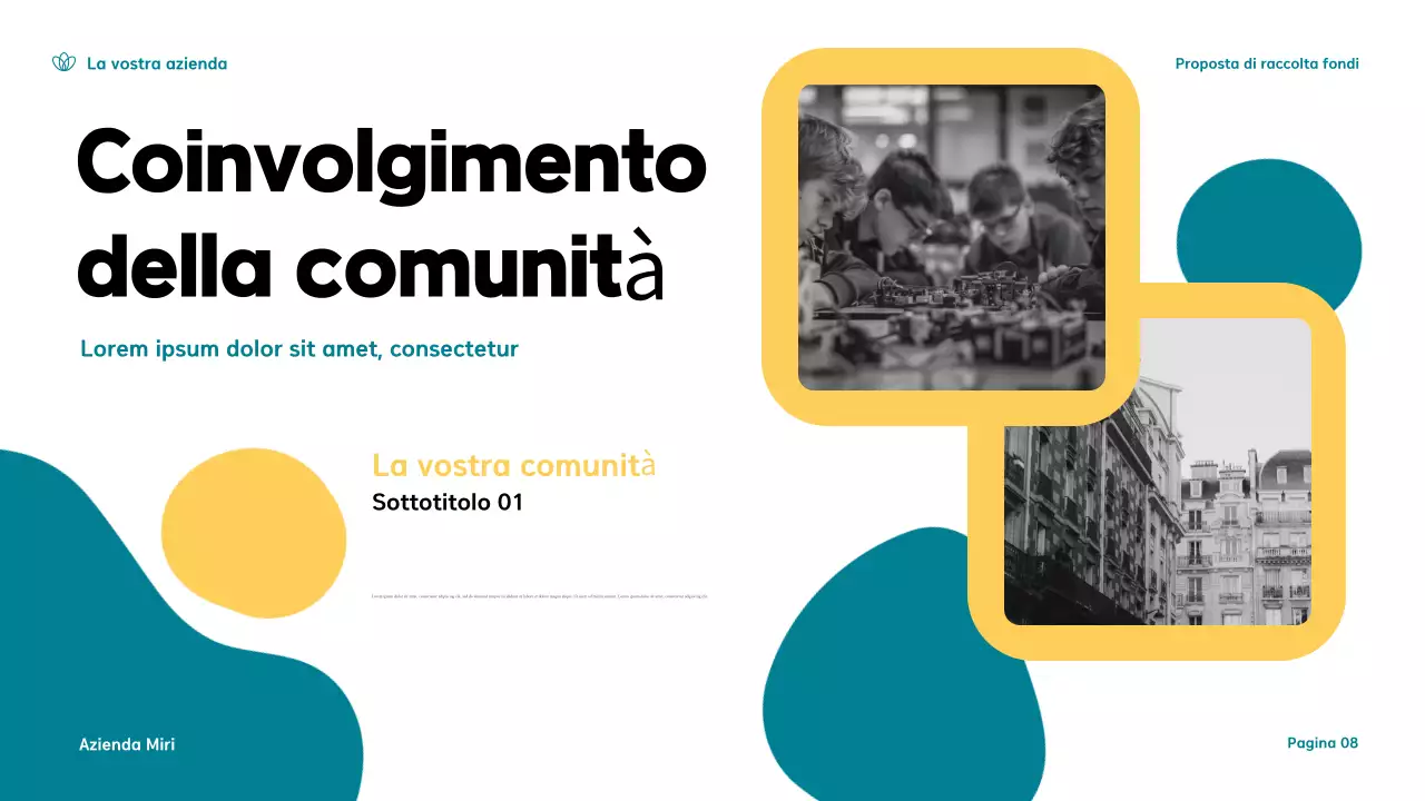 Presentazione di una moderna proposta di raccolta fondi in verde acqua e giallo