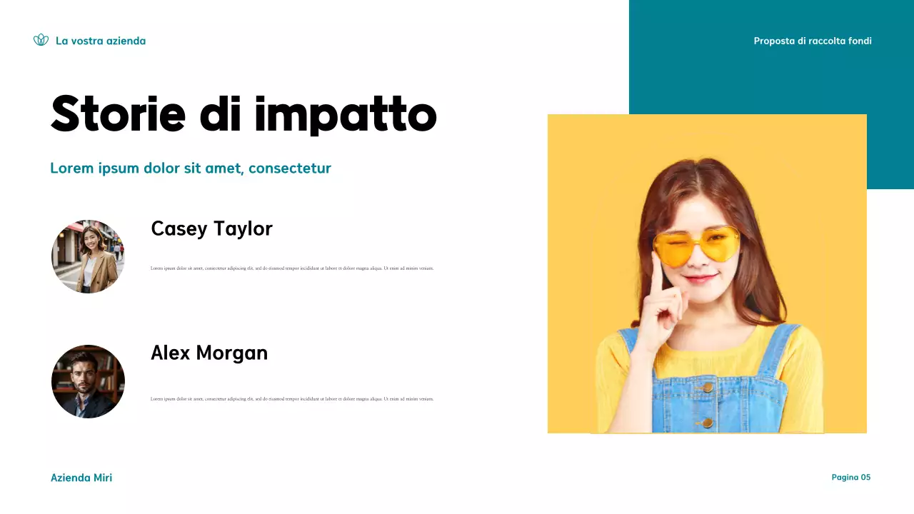 Presentazione di una moderna proposta di raccolta fondi in verde acqua e giallo