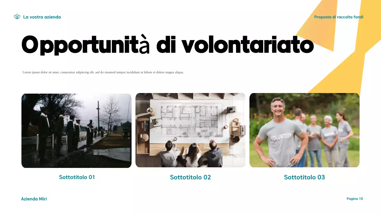 Presentazione di una moderna proposta di raccolta fondi in verde acqua e giallo