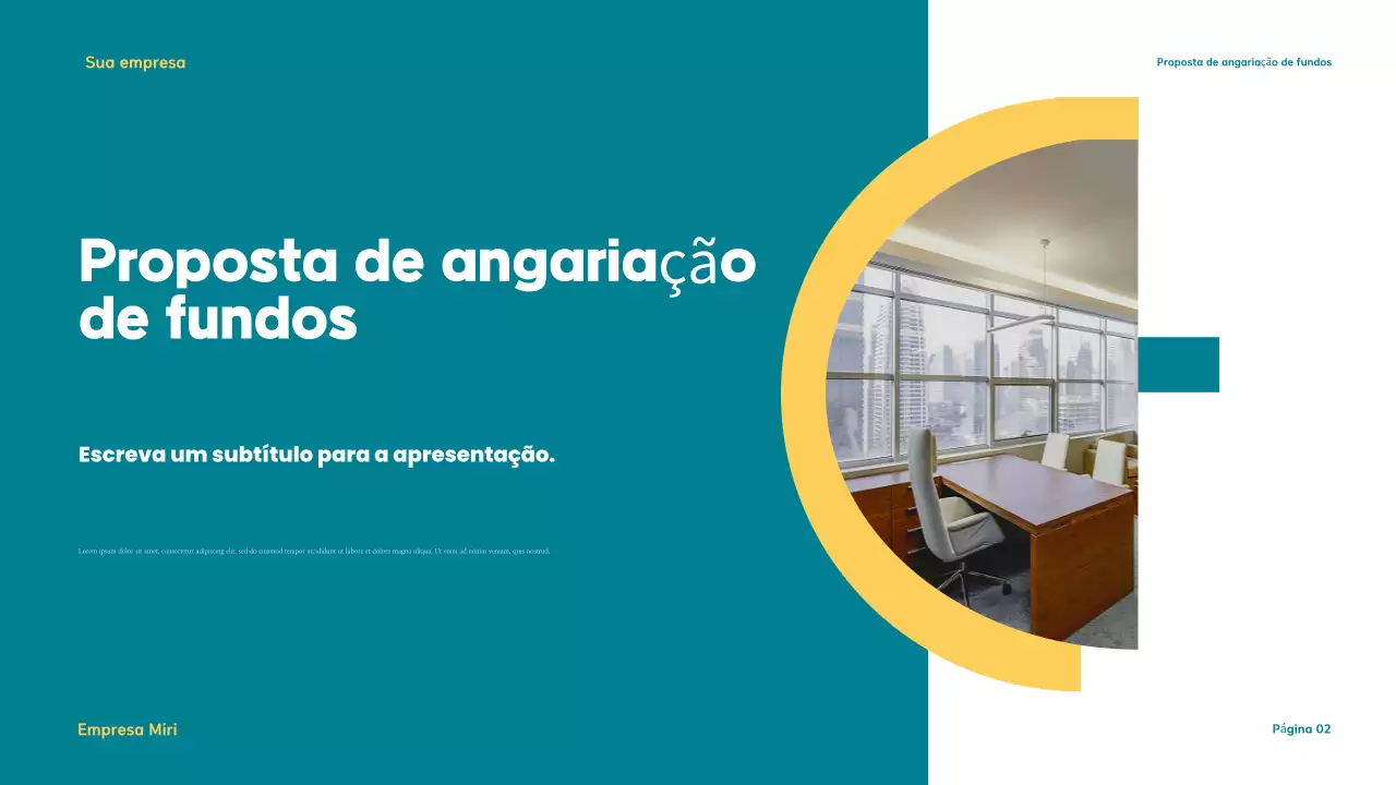 Apresentação de proposta moderna de angariação de fundos em azul-petróleo e amarelo