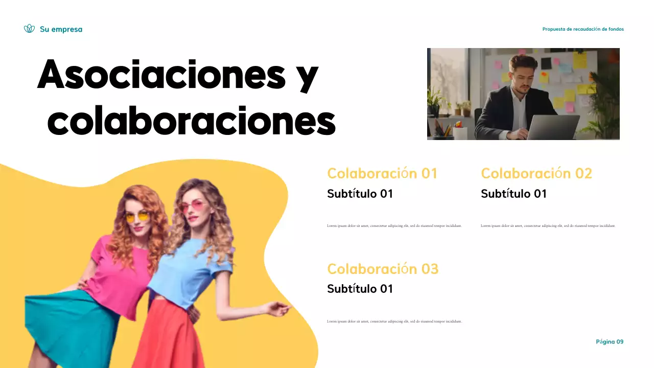 Presentación de una propuesta moderna de recaudación de fondos en verde azulado y amarillo