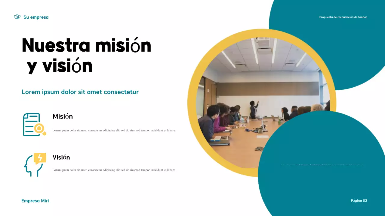 Presentación de una propuesta moderna de recaudación de fondos en verde azulado y amarillo