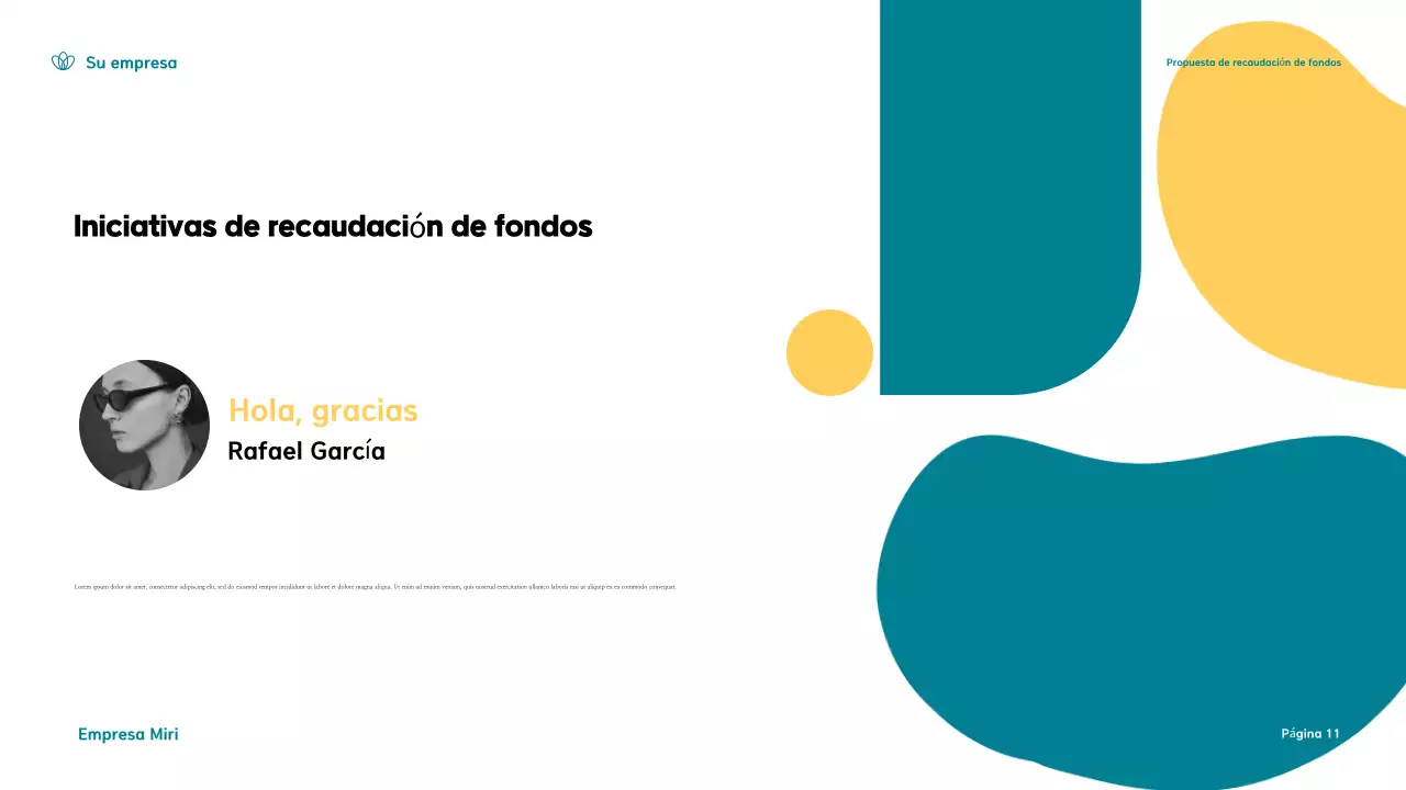 Presentación de una propuesta moderna de recaudación de fondos en verde azulado y amarillo