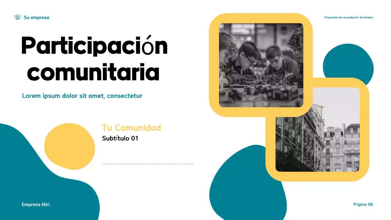 Presentación de una propuesta moderna de recaudación de fondos en verde azulado y amarillo