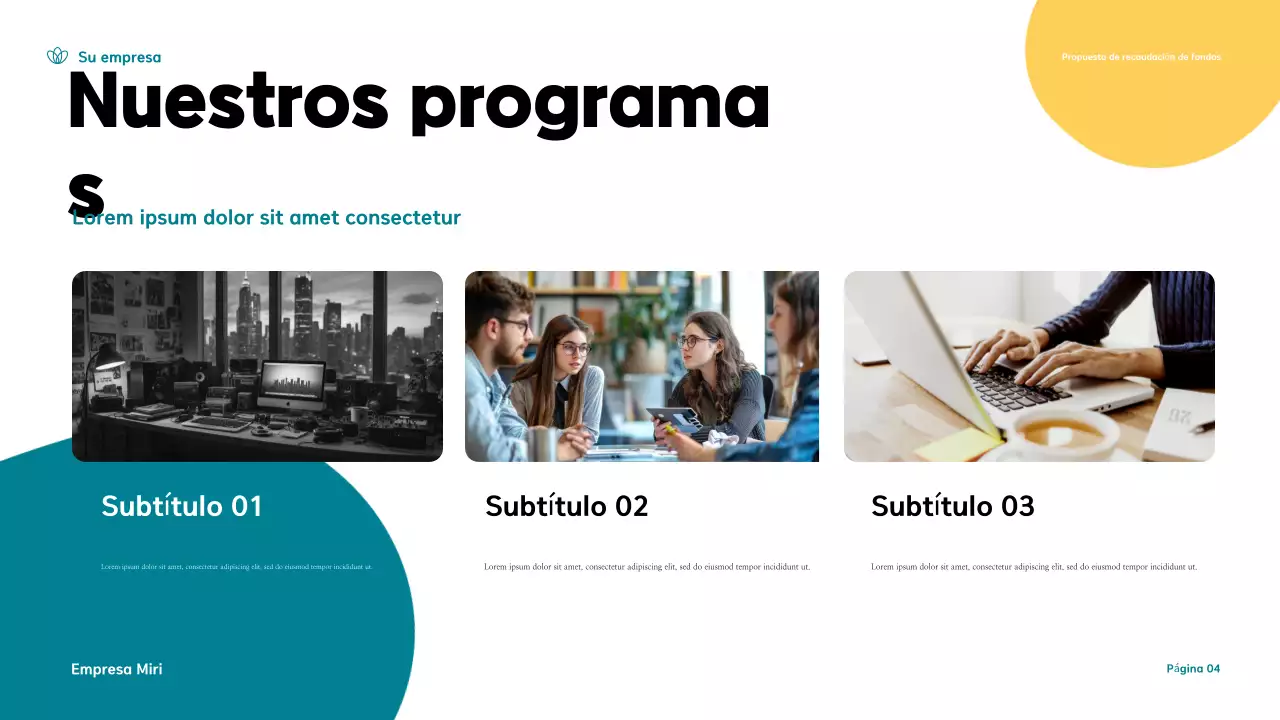 Presentación de una propuesta moderna de recaudación de fondos en verde azulado y amarillo