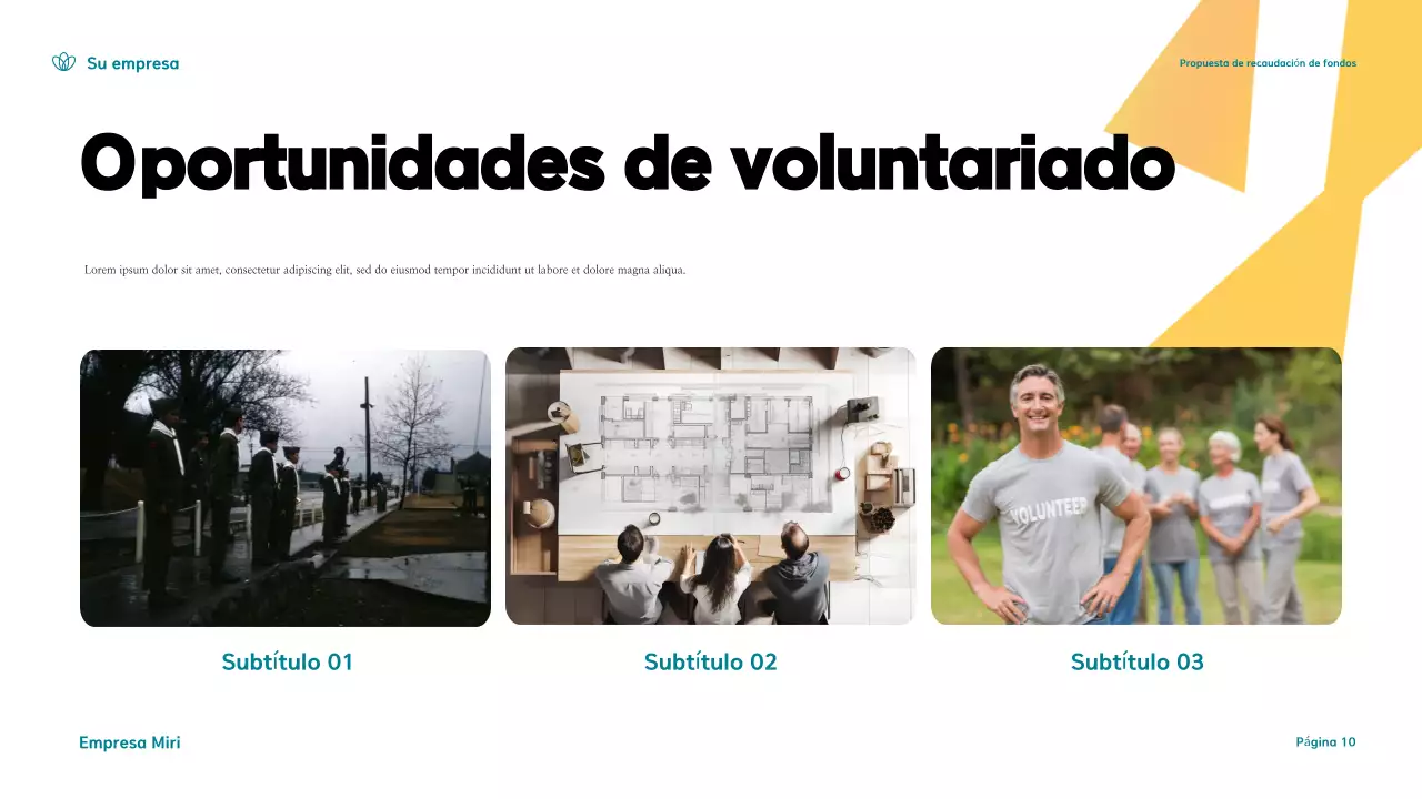 Presentación de una propuesta moderna de recaudación de fondos en verde azulado y amarillo