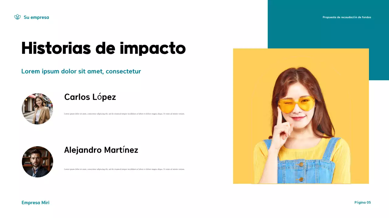 Presentación de una propuesta moderna de recaudación de fondos en verde azulado y amarillo