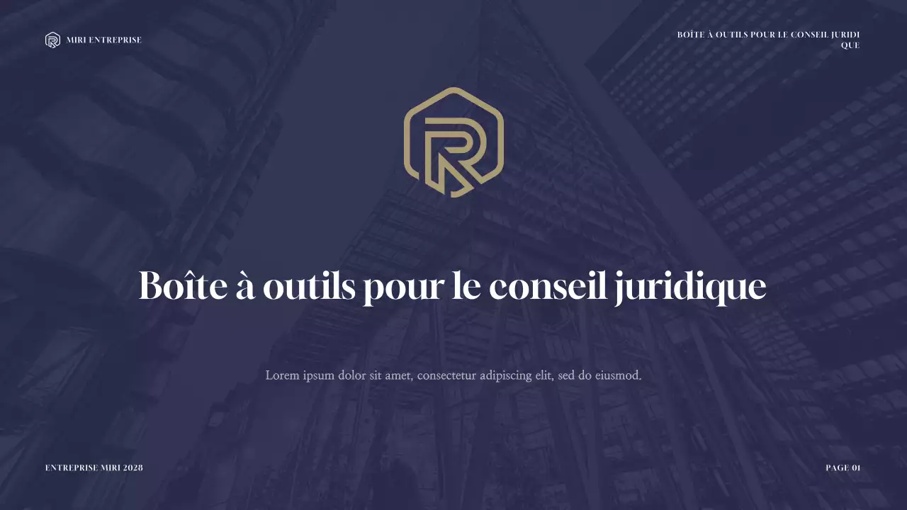 Présentation de la boîte à outils de consultation juridique moderne marine et or