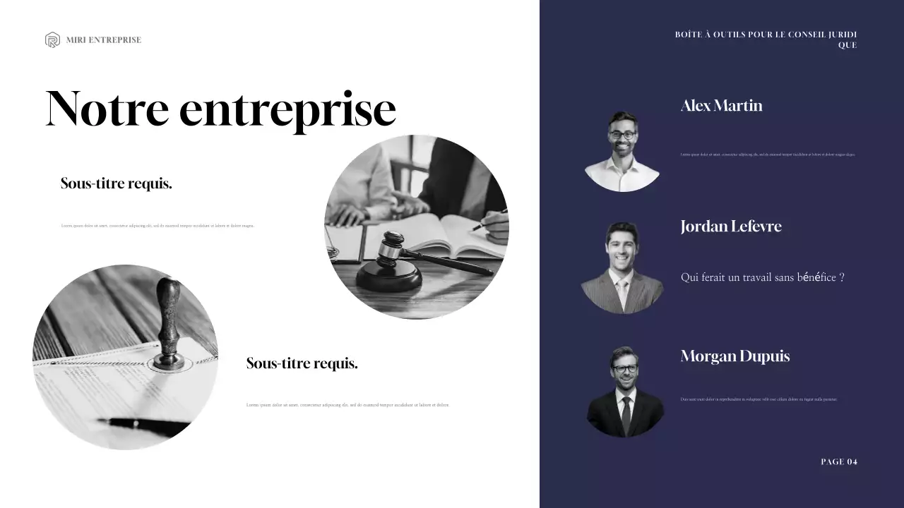 Présentation de la boîte à outils de consultation juridique moderne marine et or