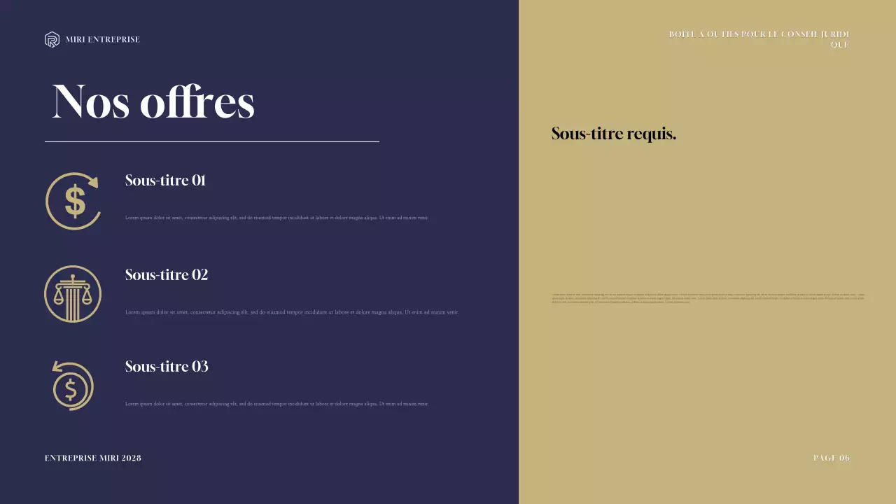 Présentation de la boîte à outils de consultation juridique moderne marine et or