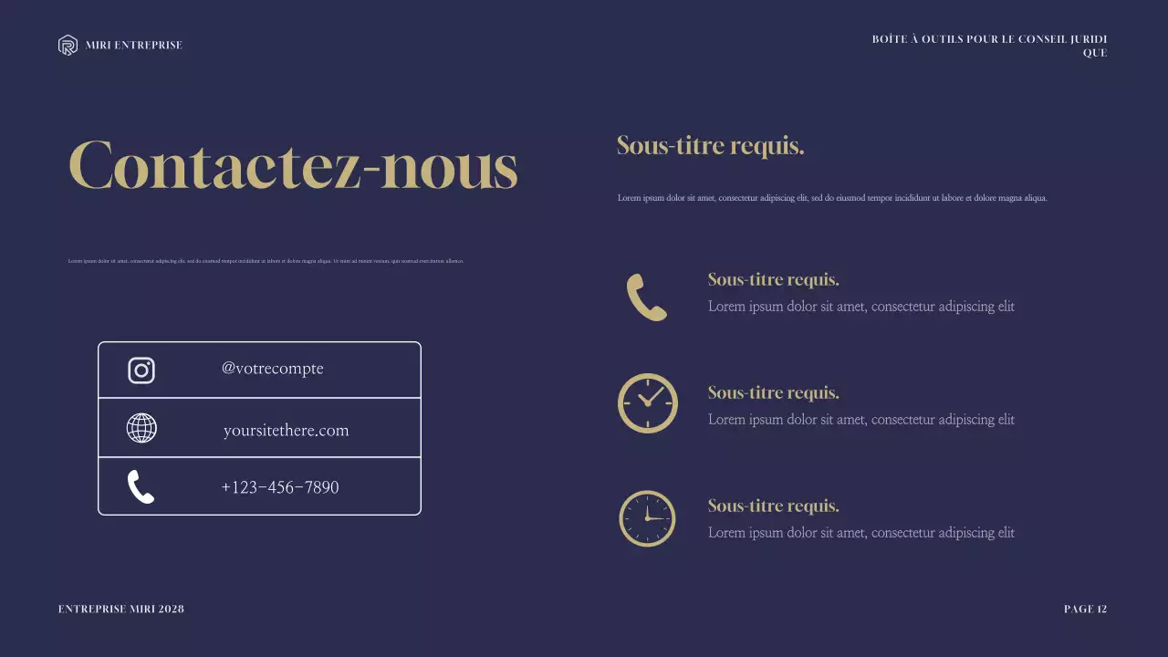 Présentation de la boîte à outils de consultation juridique moderne marine et or